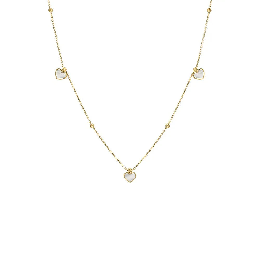 Dangling Mother Of Pearl Heart Charms Necklace 14K