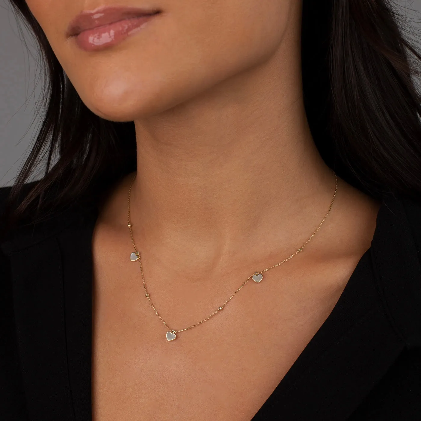 Dangling Mother Of Pearl Heart Charms Necklace 14K