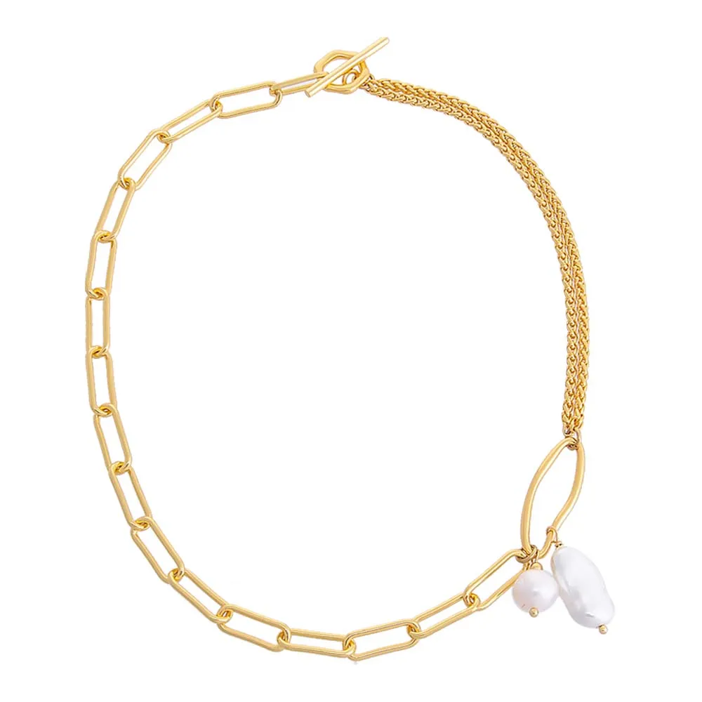 Dangling Pearl Mixed Chain Toggle Necklace