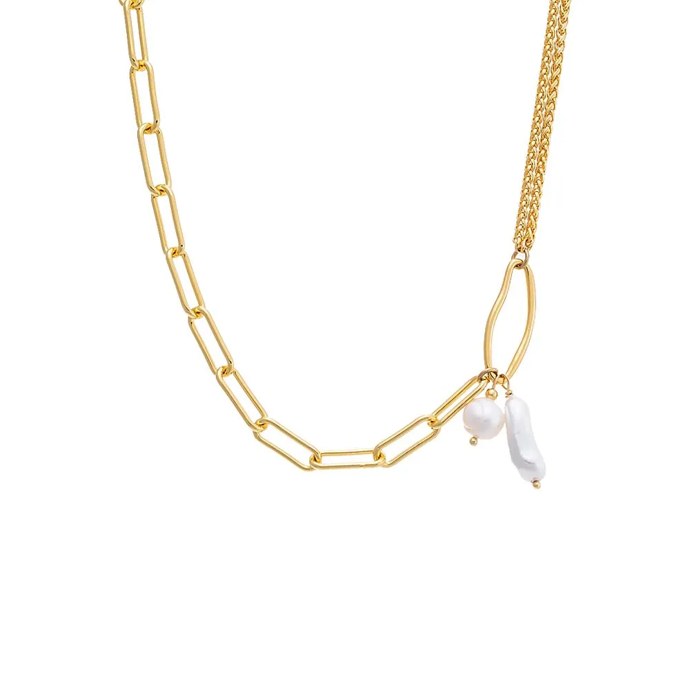 Dangling Pearl Mixed Chain Toggle Necklace