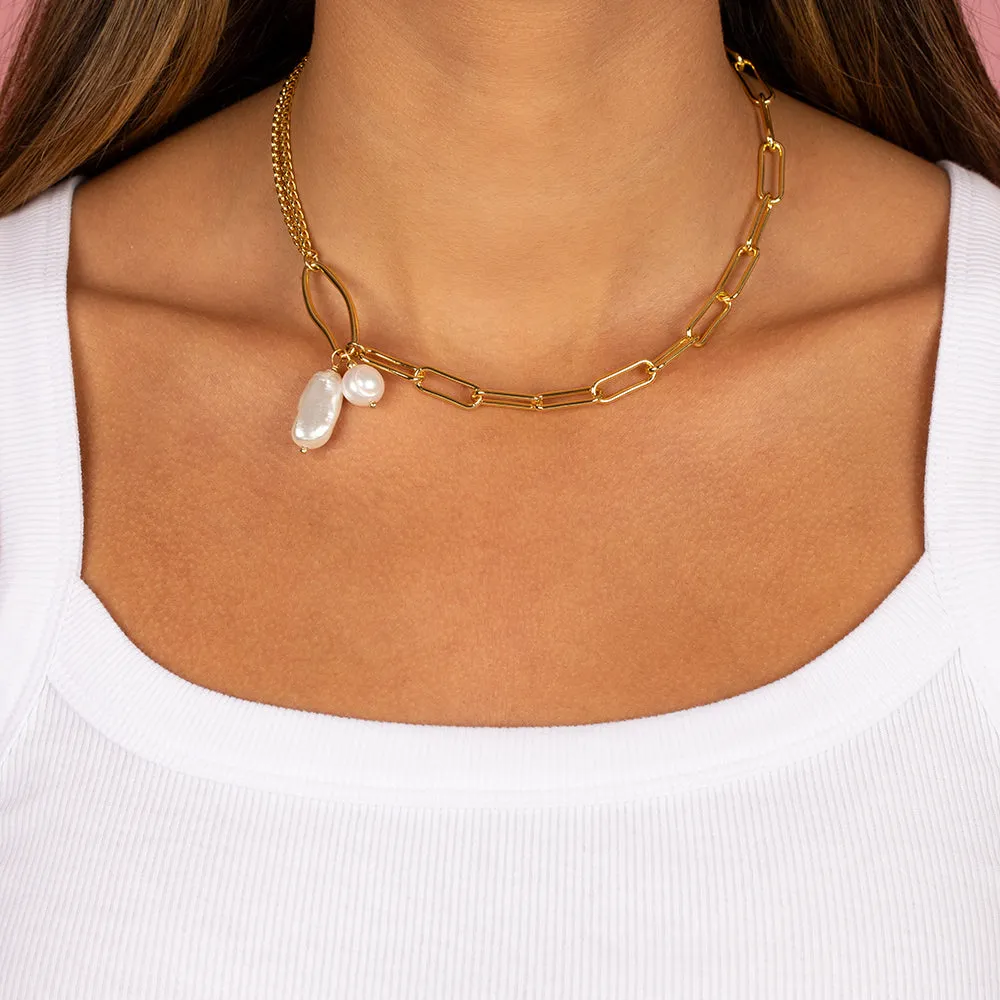 Dangling Pearl Mixed Chain Toggle Necklace