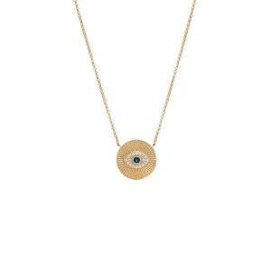 Diamond X Sapphire Blue Evil Eye Ridged Coin Necklace 14K
