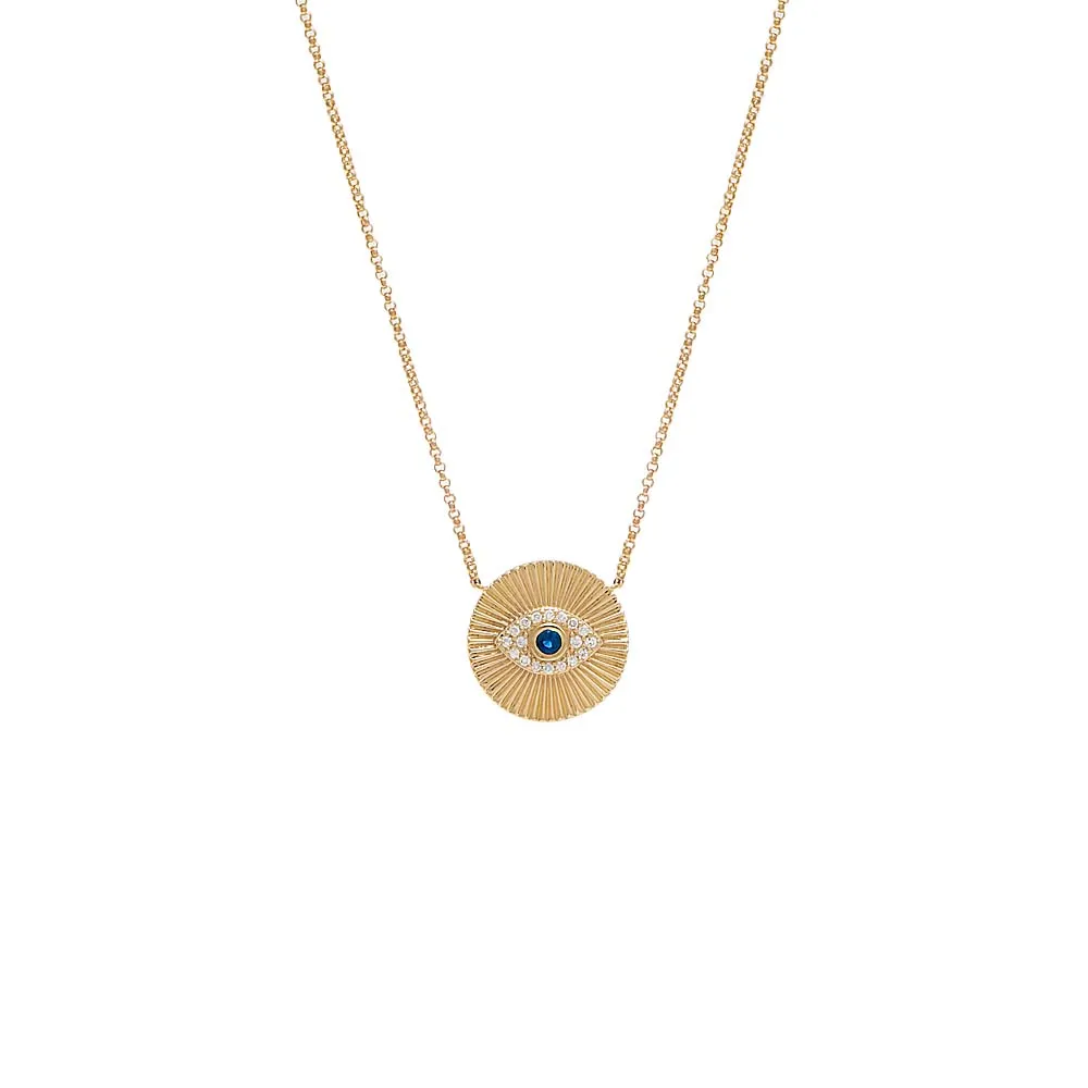 Diamond X Sapphire Blue Evil Eye Ridged Coin Necklace 14K