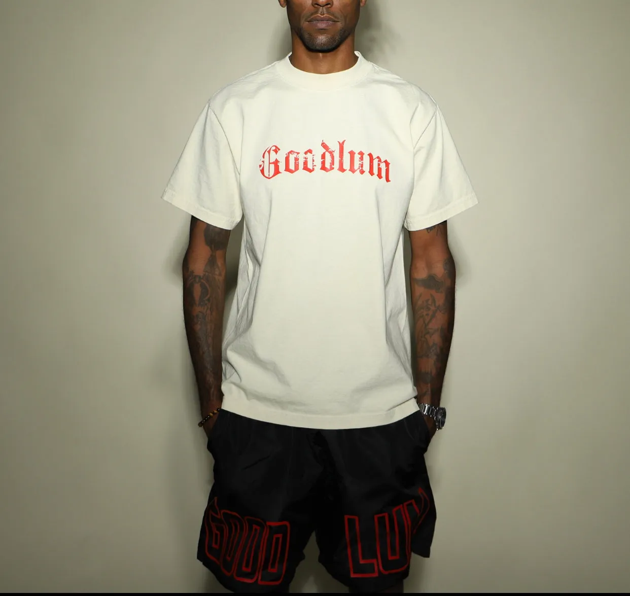 Distressed BlackLetter Logo Garment Dyed T Shirt