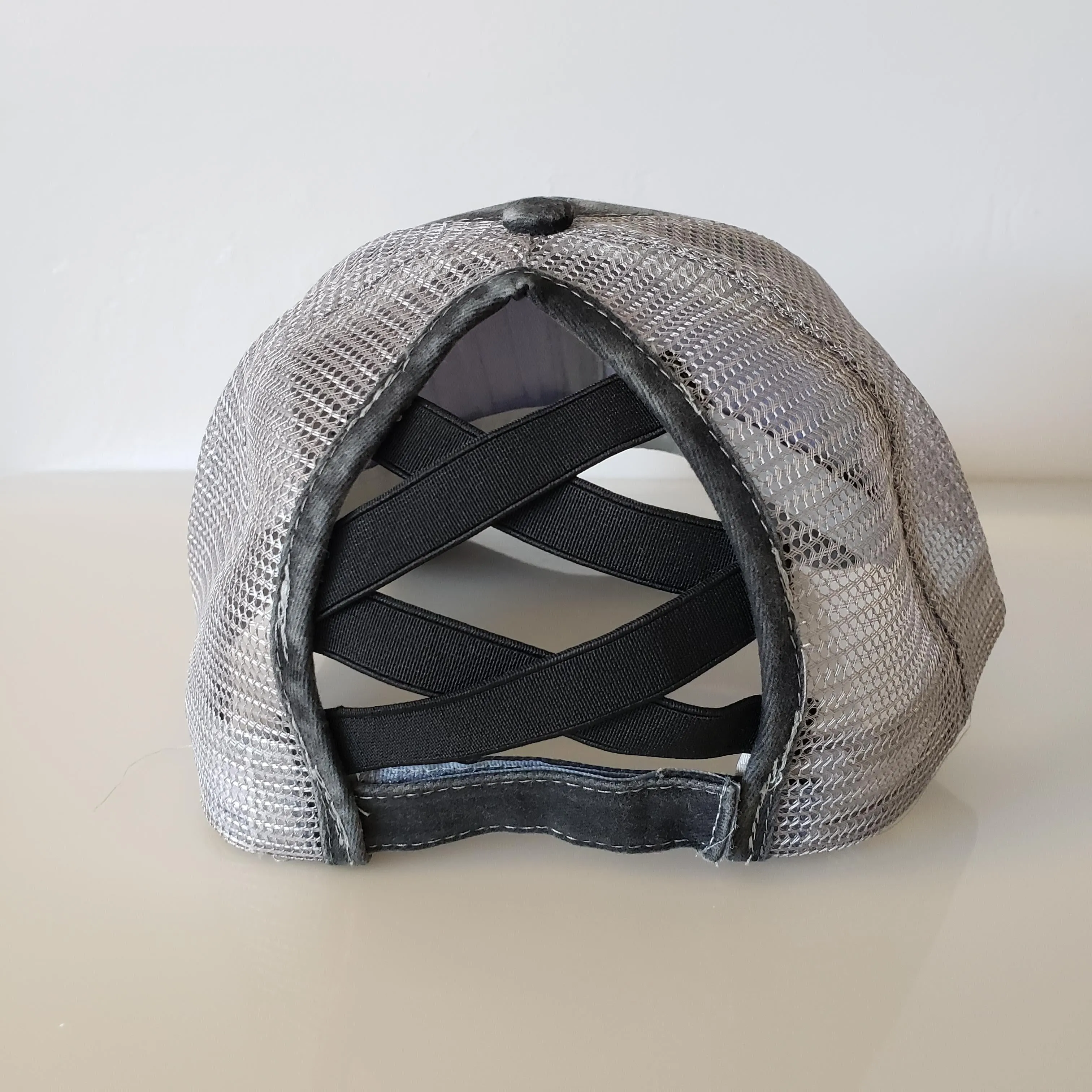 DISTRESSED Ponytail Baseball Hat - Criss Cross GREY
