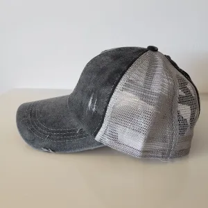 DISTRESSED Ponytail Baseball Hat - Criss Cross GREY