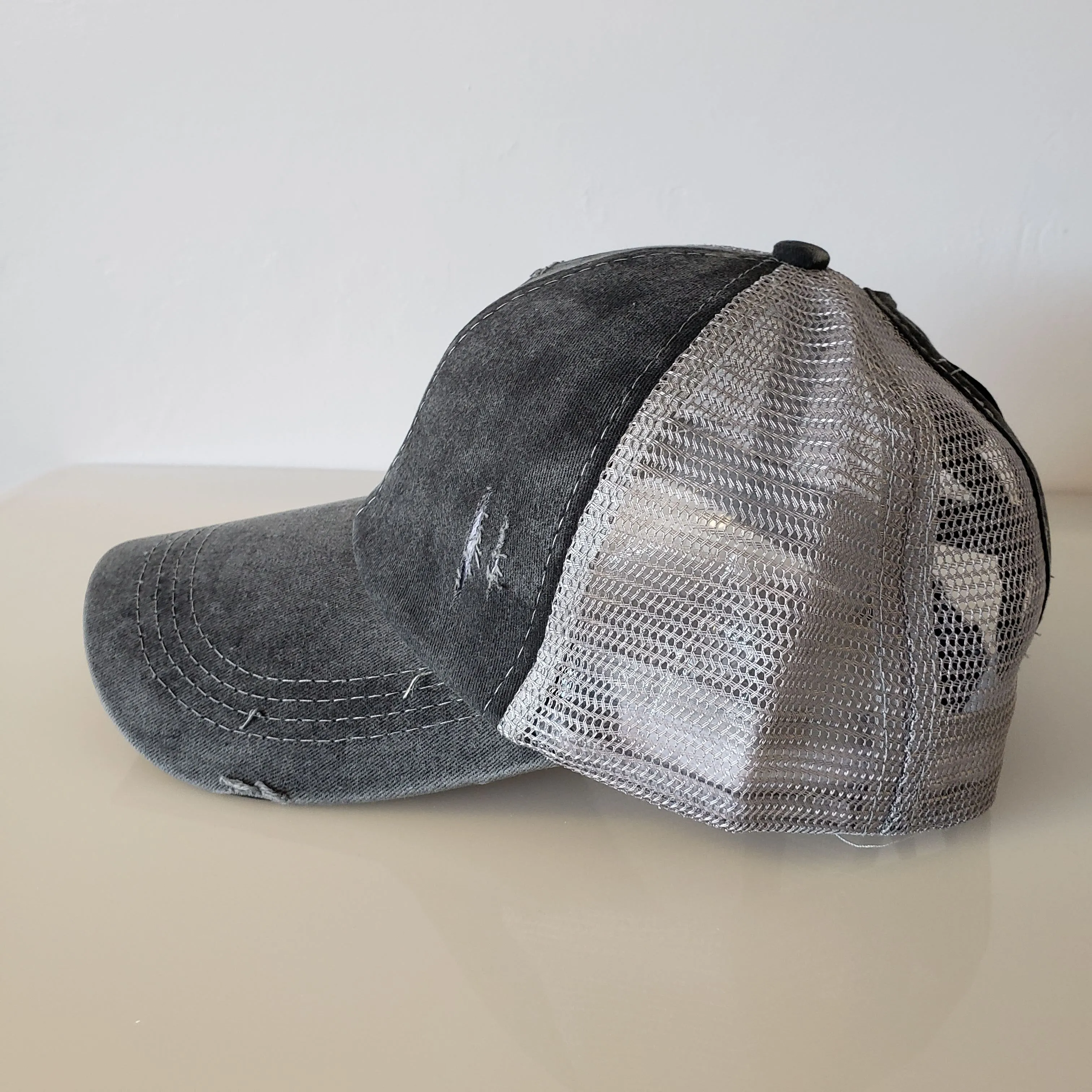 DISTRESSED Ponytail Baseball Hat - Criss Cross GREY