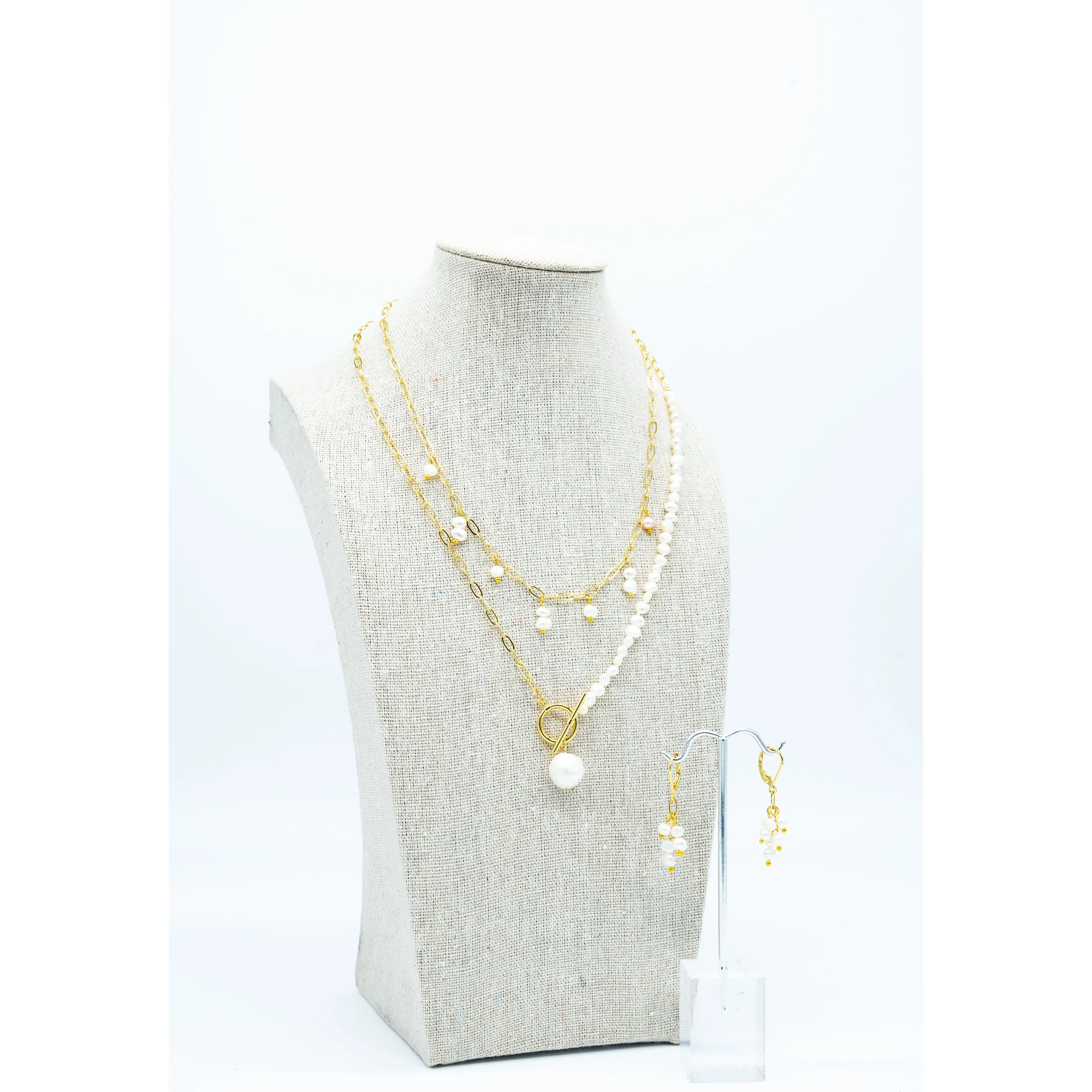 Double Necklace Set with Matching Earrings on Gold Chain