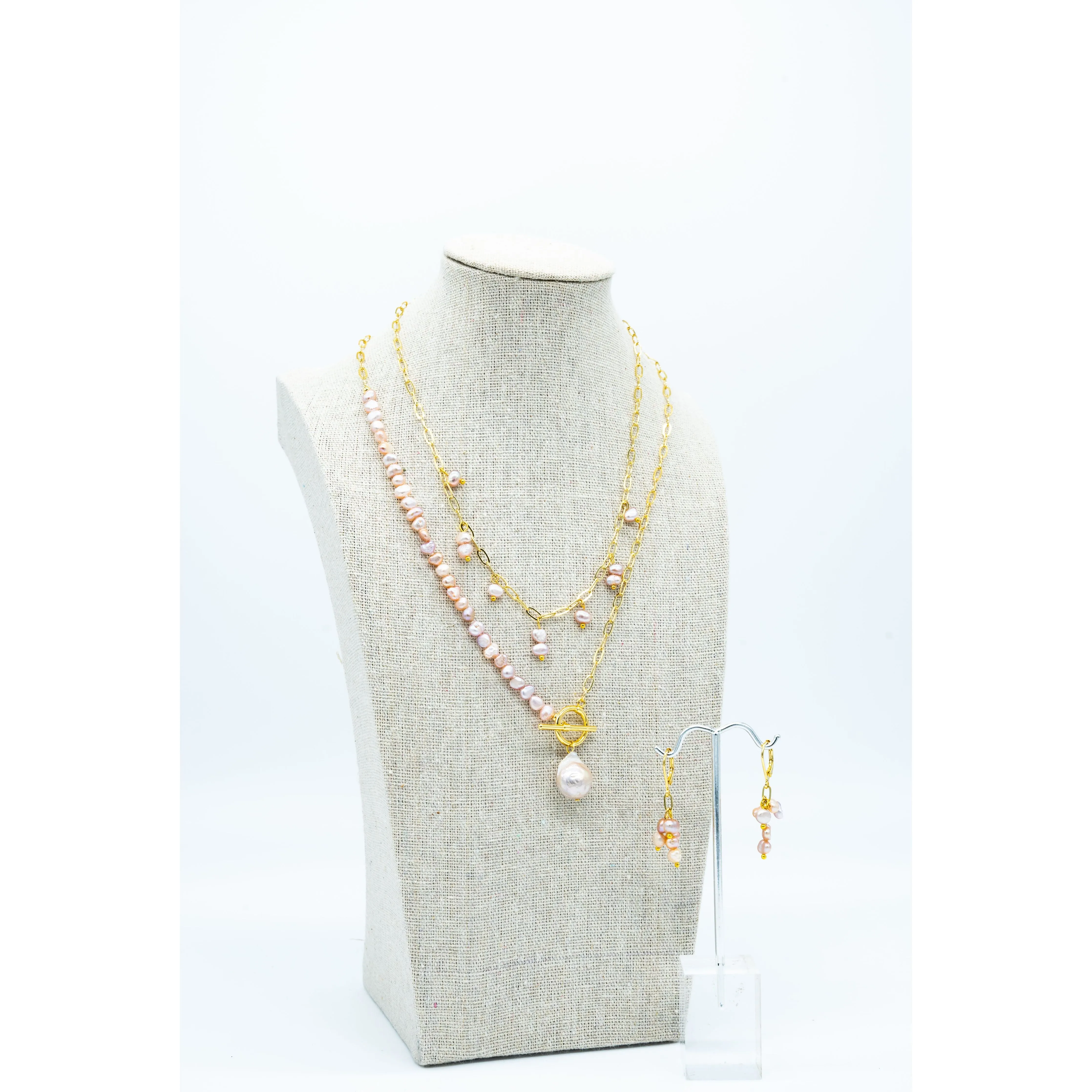 Double Necklace Set with Matching Earrings on Gold Chain