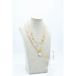 Double Necklace Set with Matching Earrings on Gold Chain