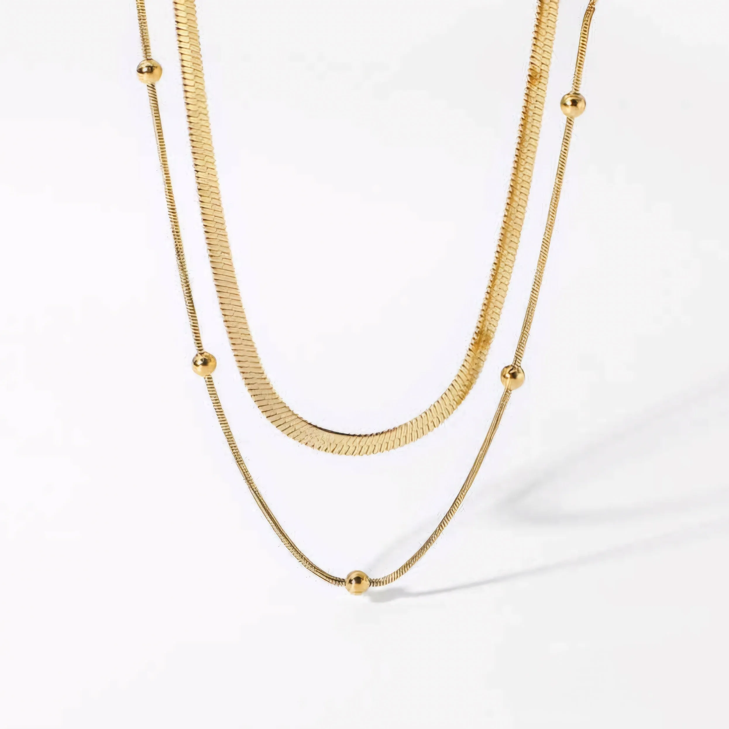 Dual Chain Layered Necklace Gold Plated, Waterproof and Anti-Tarnish