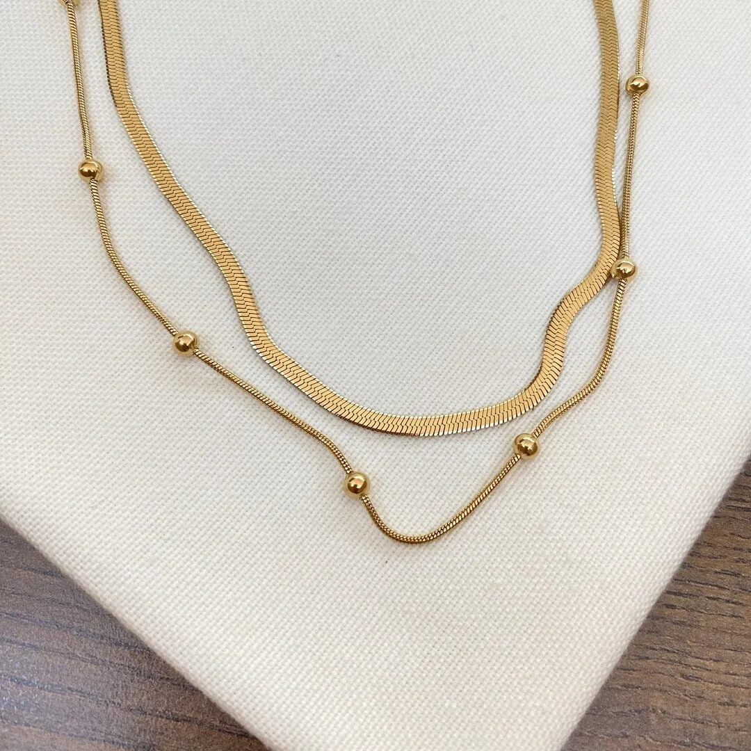 Dual Chain Layered Necklace Gold Plated, Waterproof and Anti-Tarnish