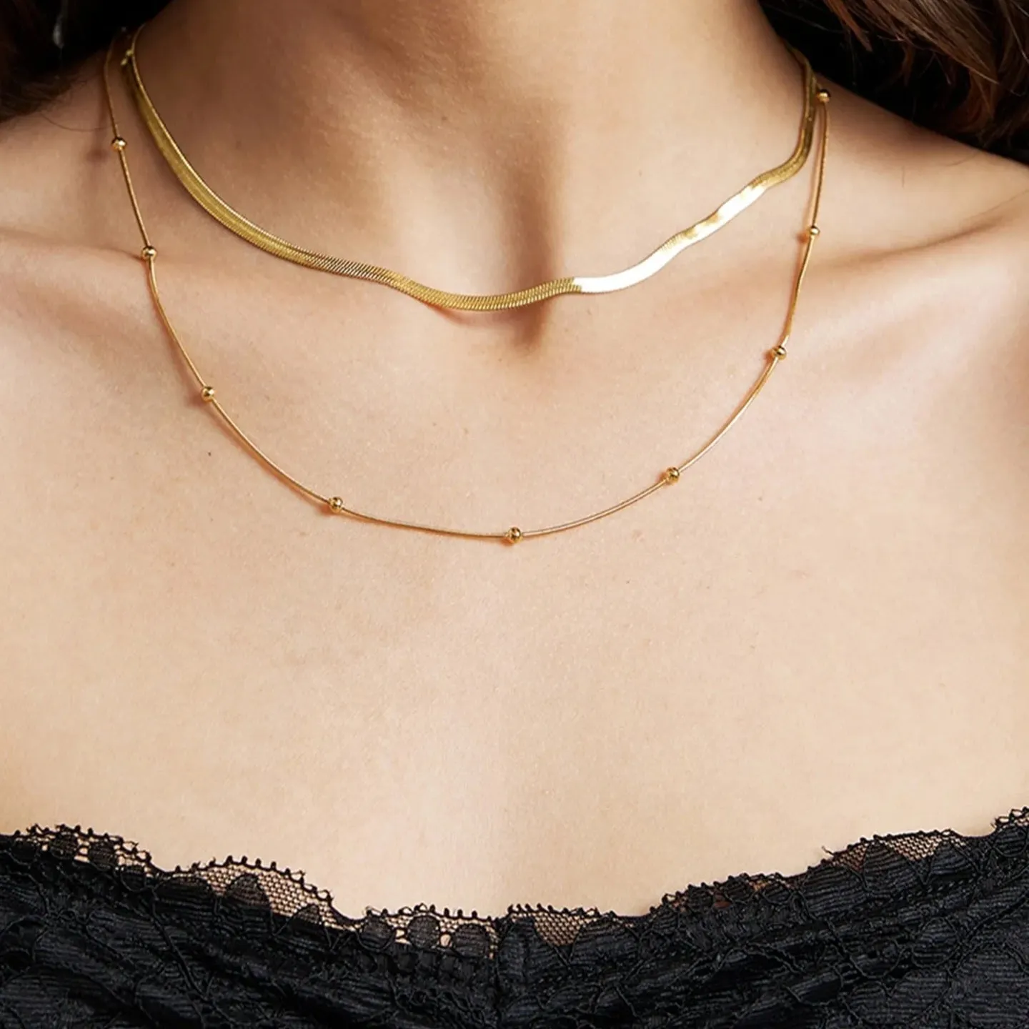 Dual Chain Layered Necklace Gold Plated, Waterproof and Anti-Tarnish
