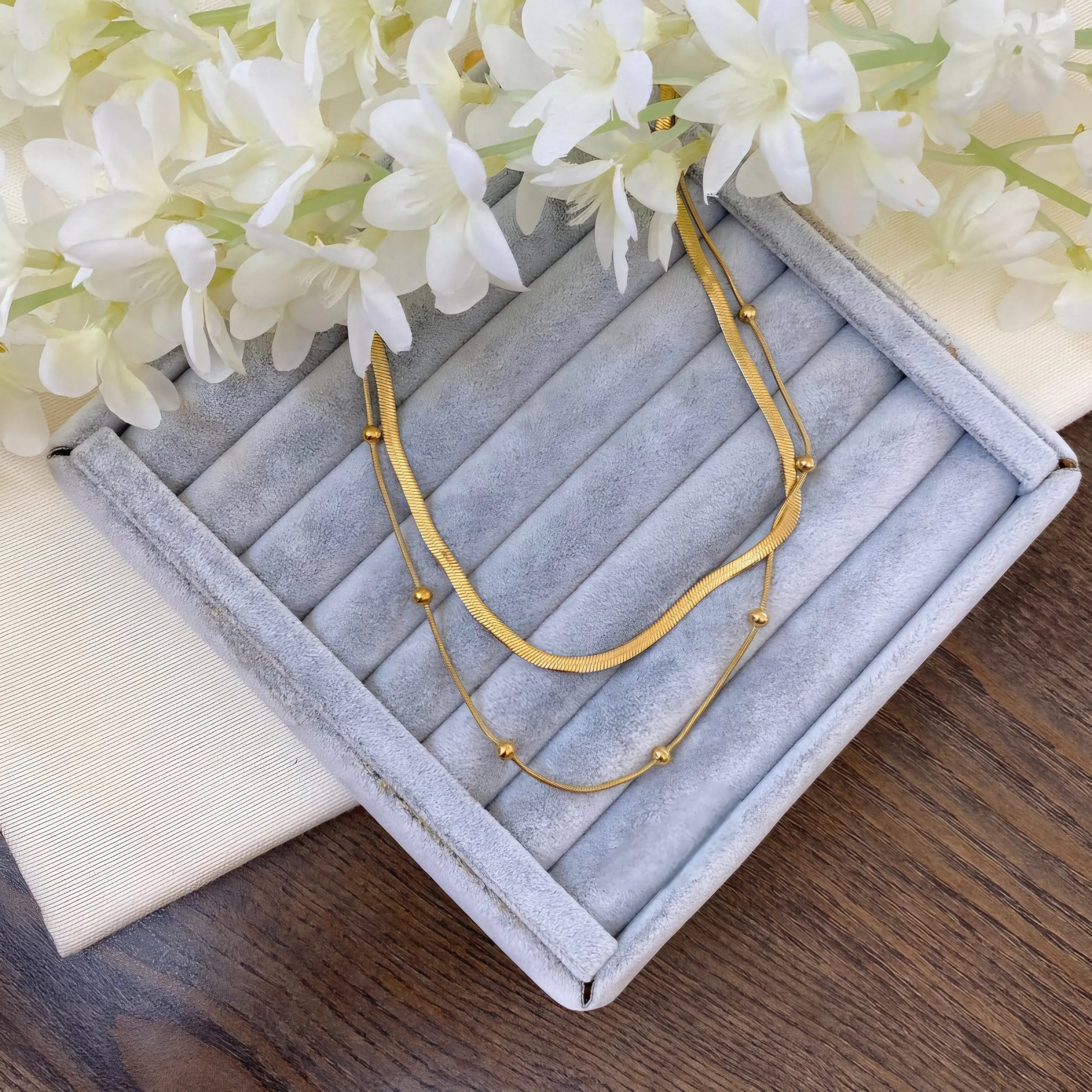 Dual Chain Layered Necklace Gold Plated, Waterproof and Anti-Tarnish