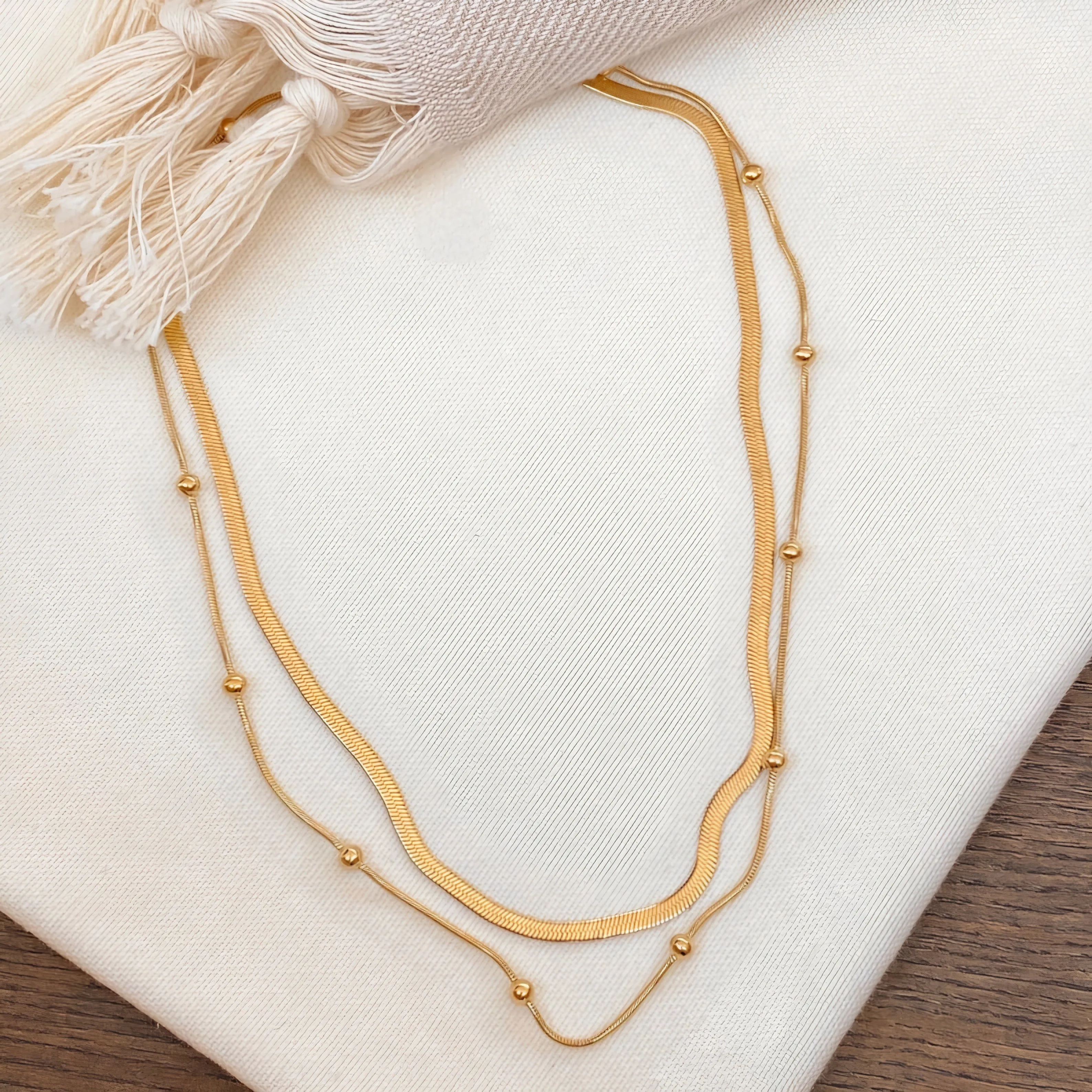 Dual Chain Layered Necklace Gold Plated, Waterproof and Anti-Tarnish