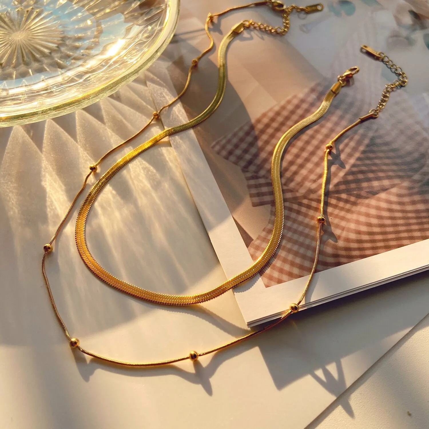 Dual Chain Layered Necklace Gold Plated, Waterproof and Anti-Tarnish