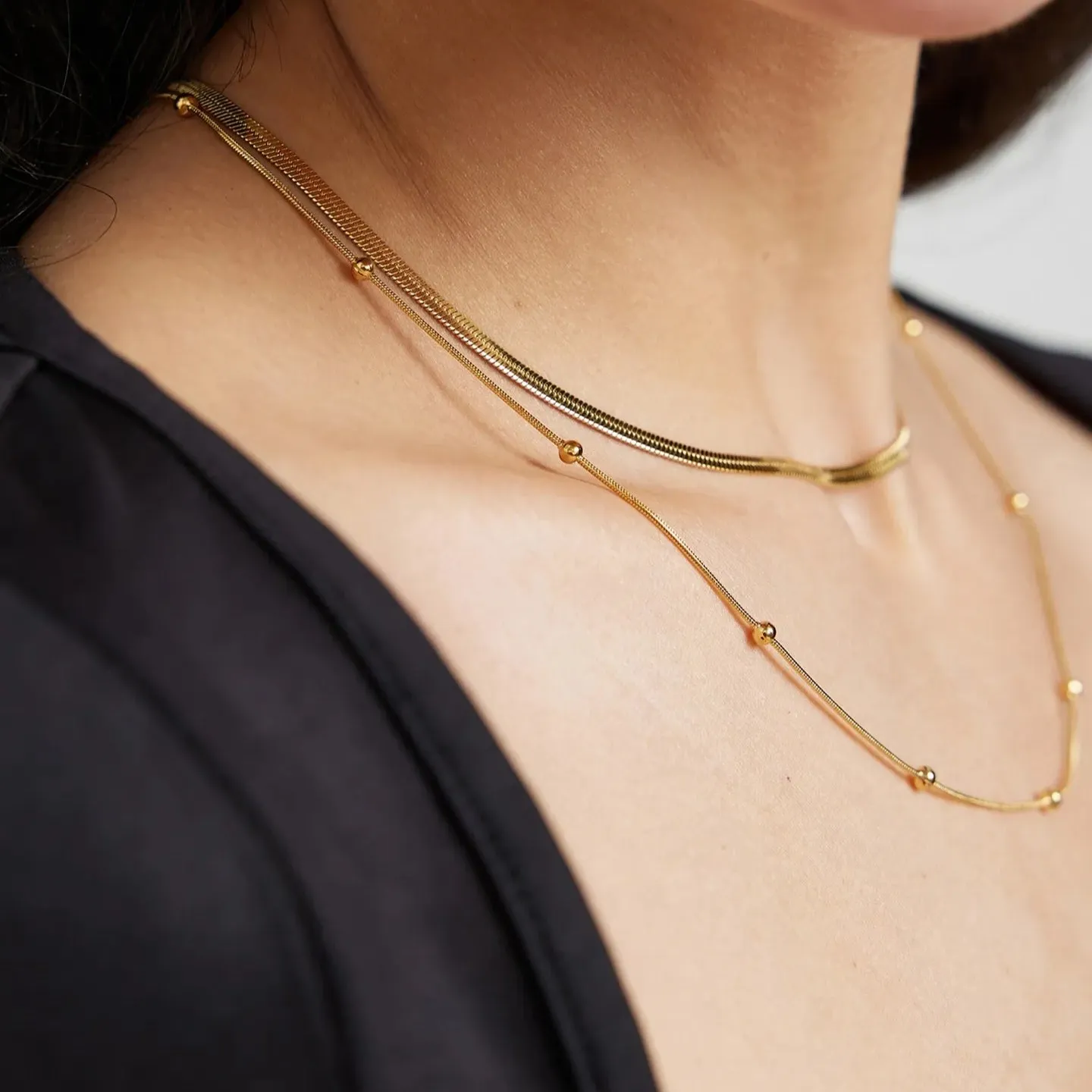 Dual Chain Layered Necklace Gold Plated, Waterproof and Anti-Tarnish