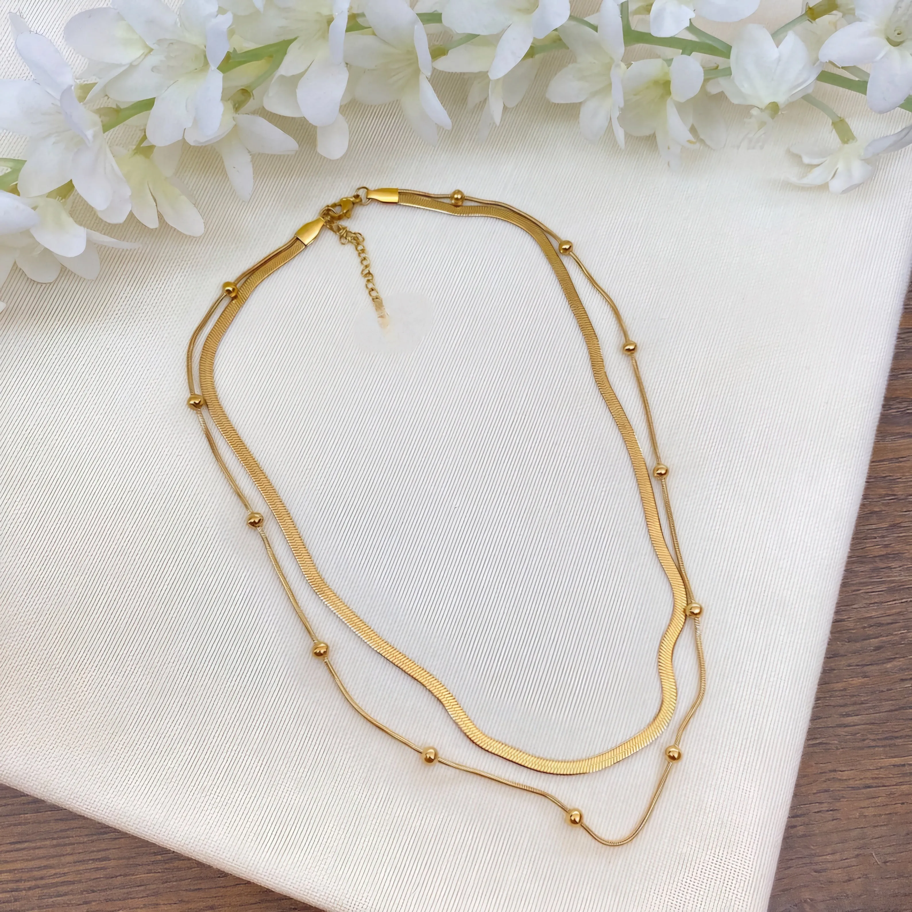Dual Chain Layered Necklace Gold Plated, Waterproof and Anti-Tarnish