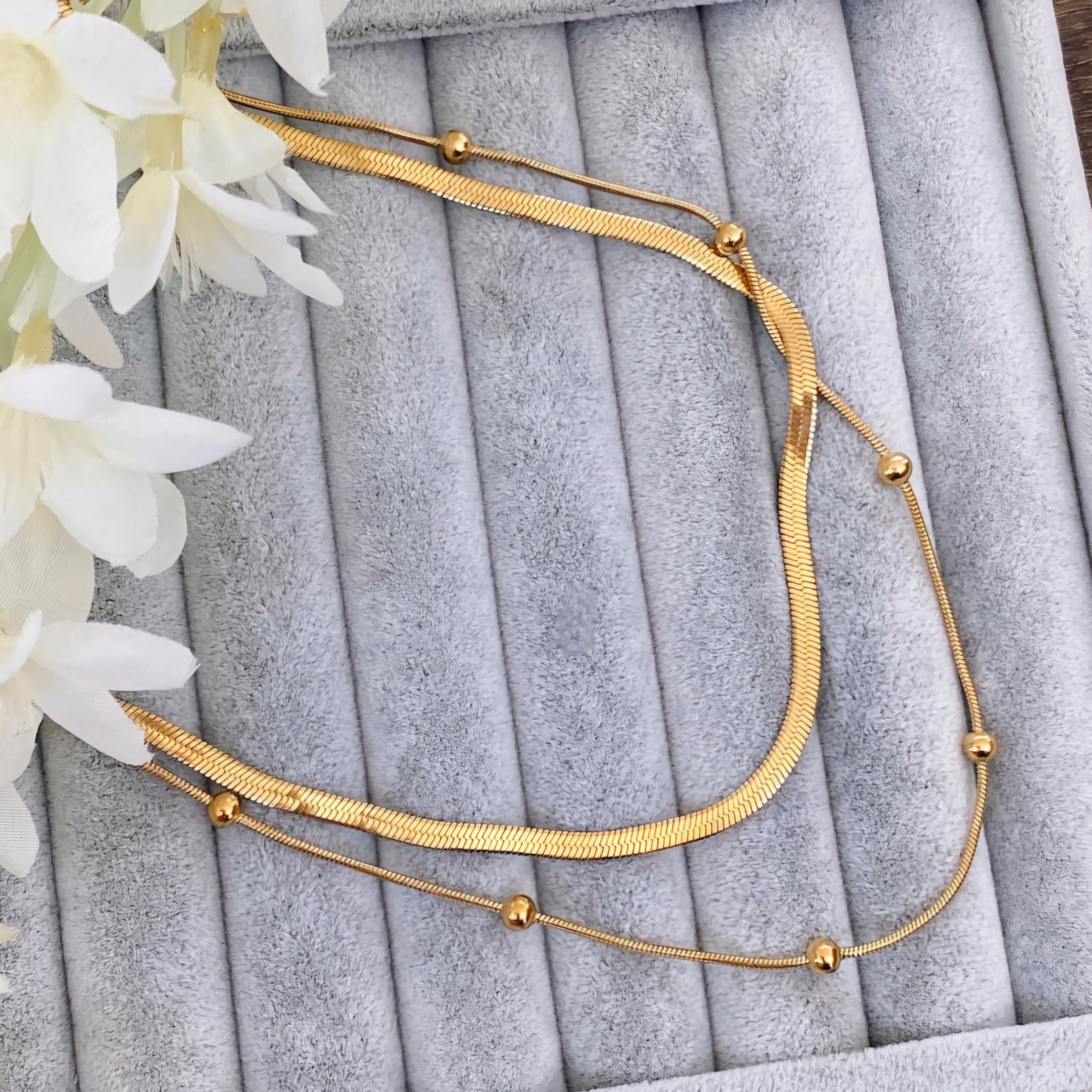 Dual Chain Layered Necklace Gold Plated, Waterproof and Anti-Tarnish