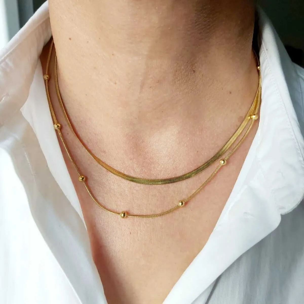 Dual Chain Layered Necklace Gold Plated, Waterproof and Anti-Tarnish