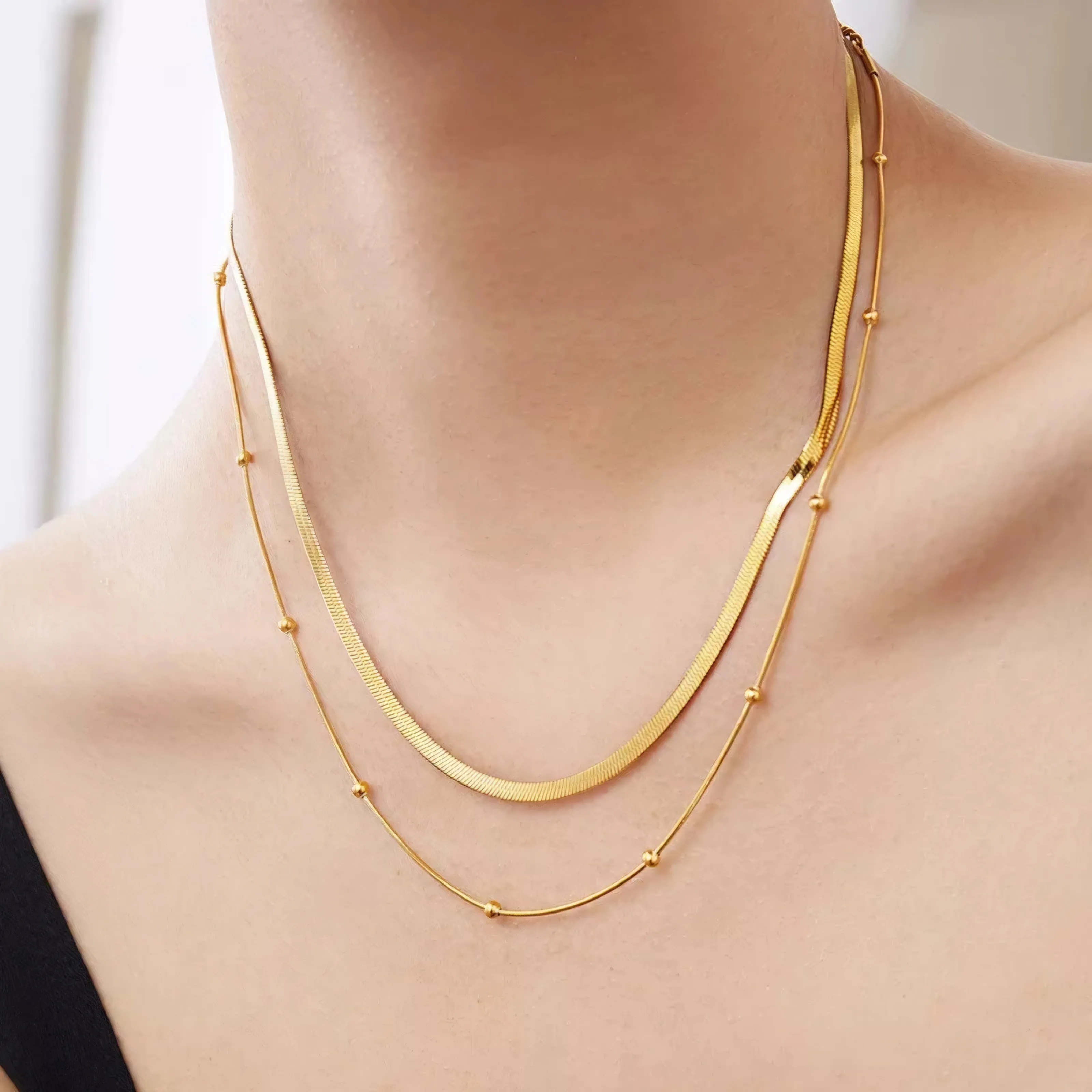 Dual Chain Layered Necklace Gold Plated, Waterproof and Anti-Tarnish