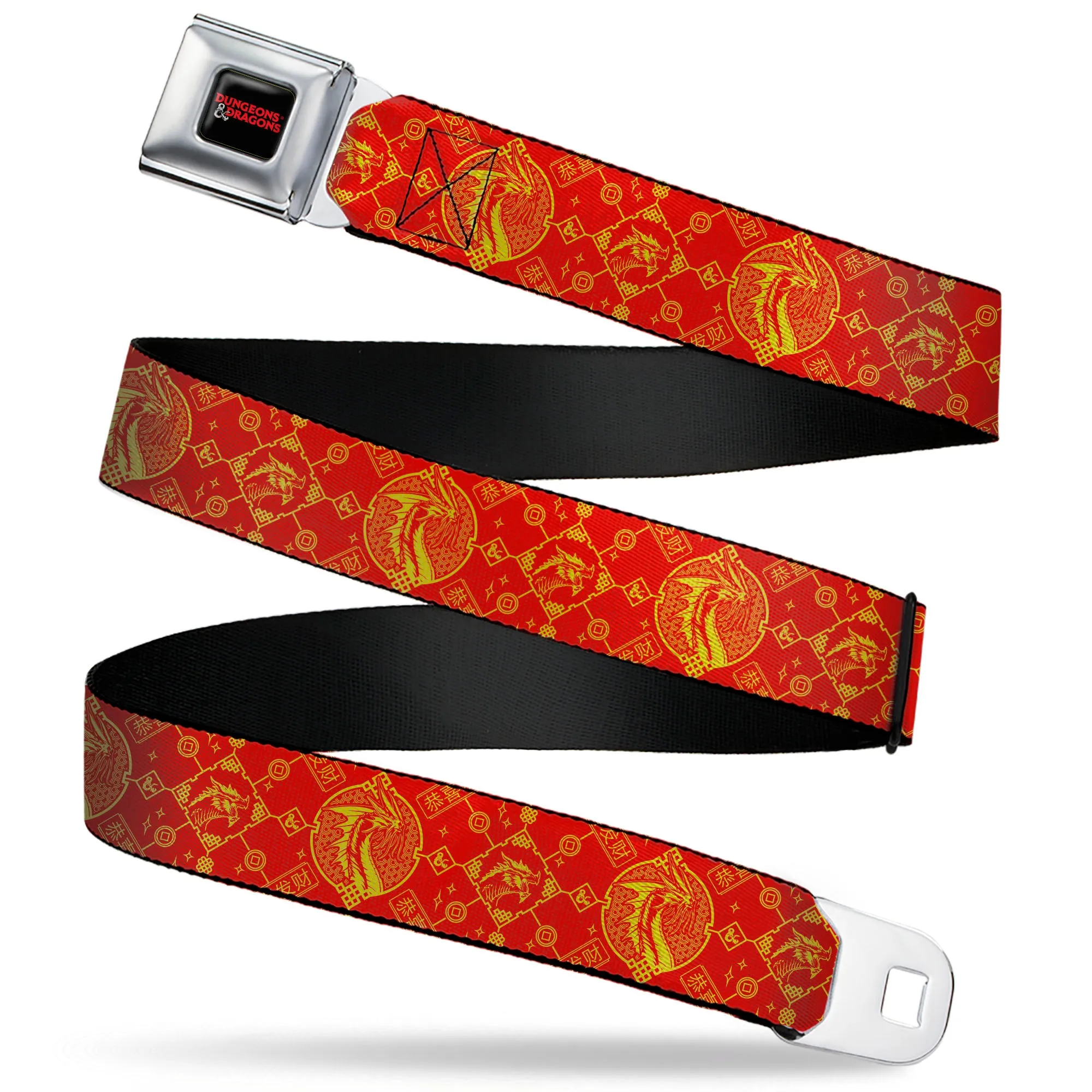 DUNGEONS & DRAGONS Title Logo Full Color Black/Red Seatbelt Belt - Dungeons & Dragons Year of the Dragon Icons Red/Yellow Webbing