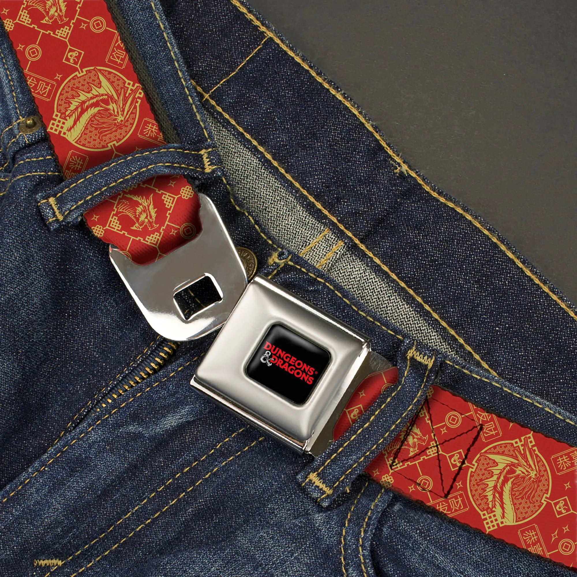 DUNGEONS & DRAGONS Title Logo Full Color Black/Red Seatbelt Belt - Dungeons & Dragons Year of the Dragon Icons Red/Yellow Webbing