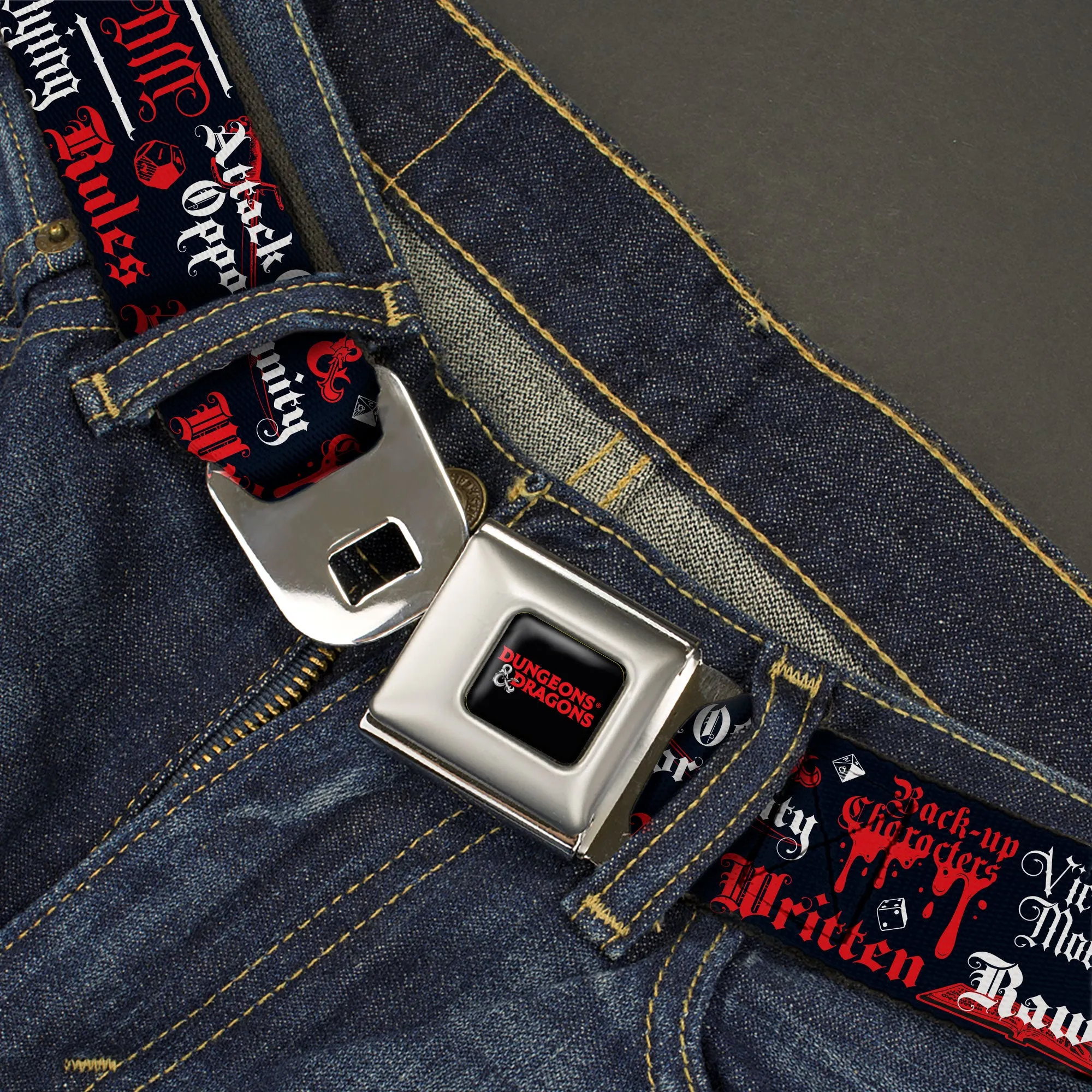 DUNGEONS & DRAGONS Title Logo Full Color Black/Red Seatbelt Belt - Dungeons and Dragons DRAGON MASTER Collage Black/Red/White Webbing