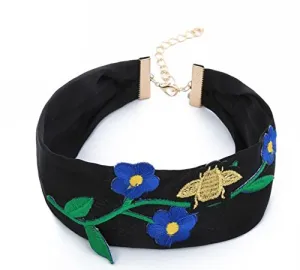 Embroidery Flowers Bee Silk Ribbon Choker Necklaces