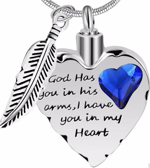 Engraved Heart-shaped Cremation Pendant with Feather