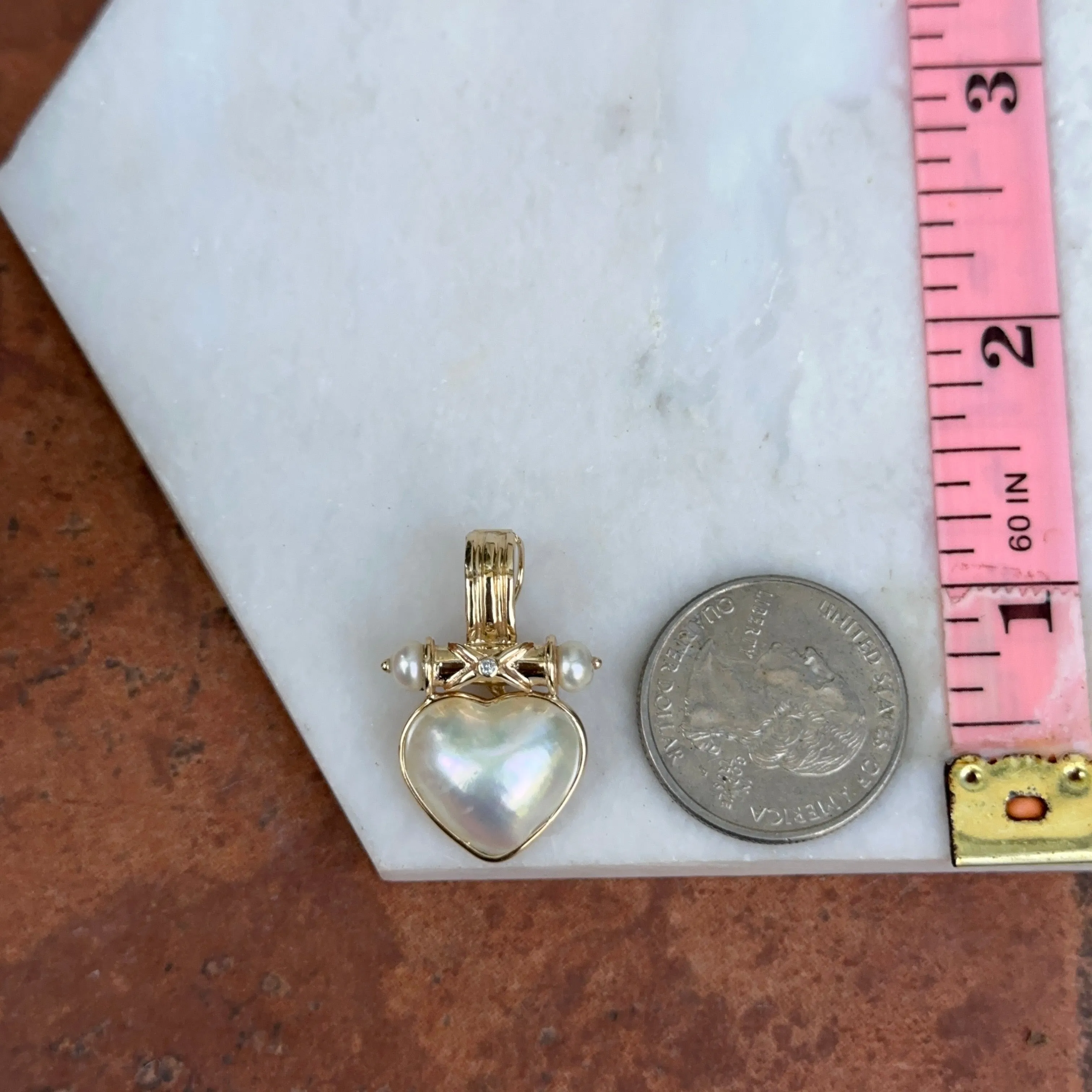 Estate 14KT Yellow Gold Heart Mabe Pearl   Diamond Omega Pearl Enhancer Pendant