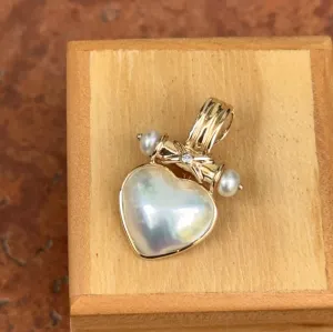 Estate 14KT Yellow Gold Heart Mabe Pearl   Diamond Omega Pearl Enhancer Pendant