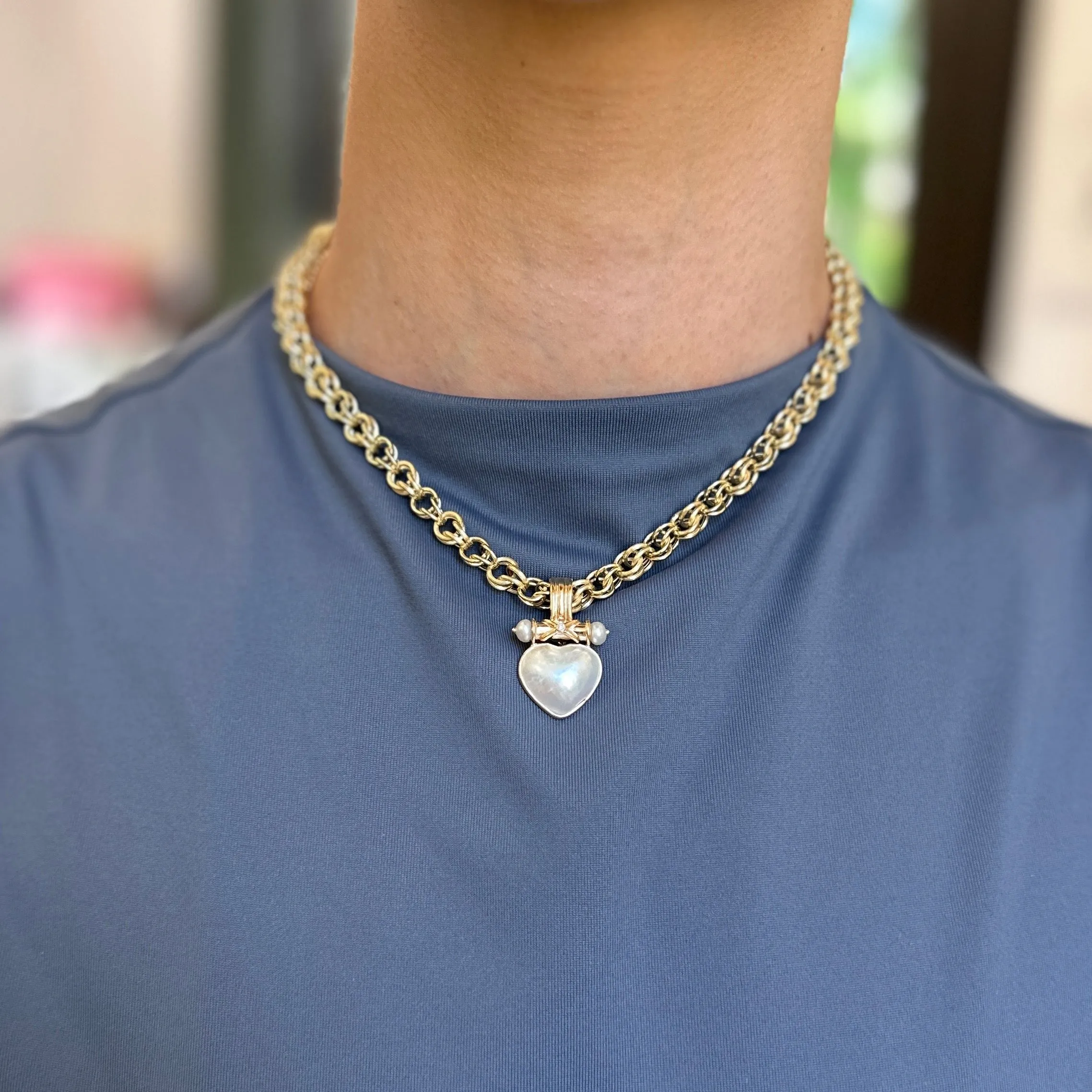 Estate 14KT Yellow Gold Heart Mabe Pearl   Diamond Omega Pearl Enhancer Pendant