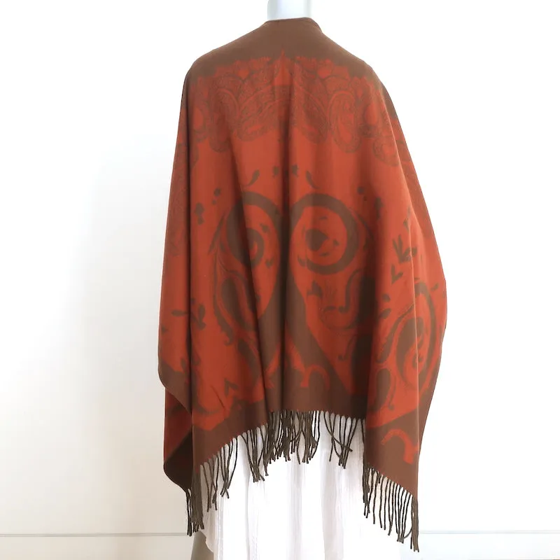 Etro Fringed Cashmere Cape Shawl Brown/Burnt Orange Jacquard