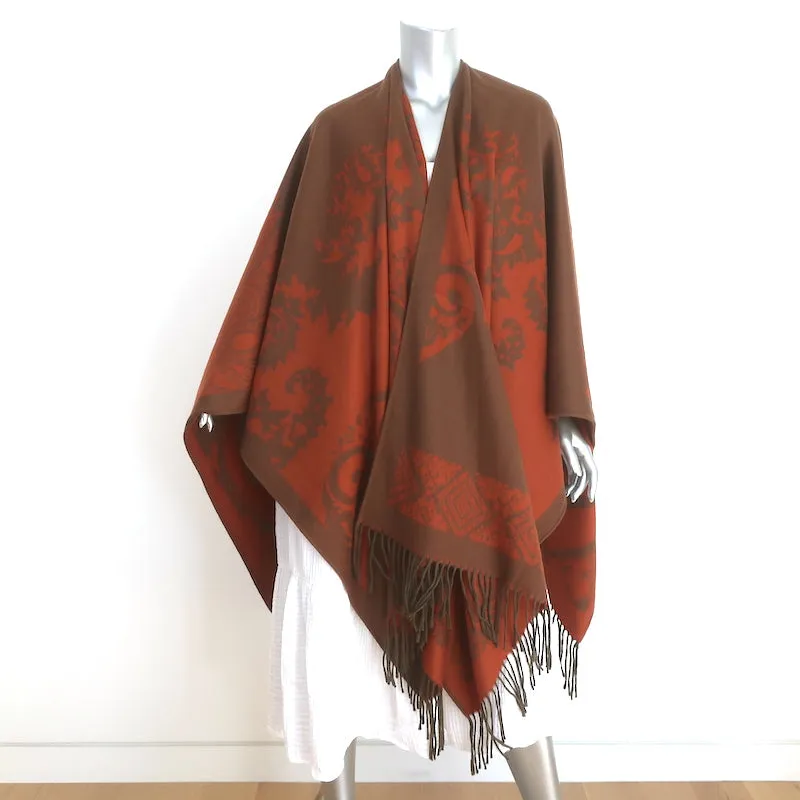 Etro Fringed Cashmere Cape Shawl Brown/Burnt Orange Jacquard