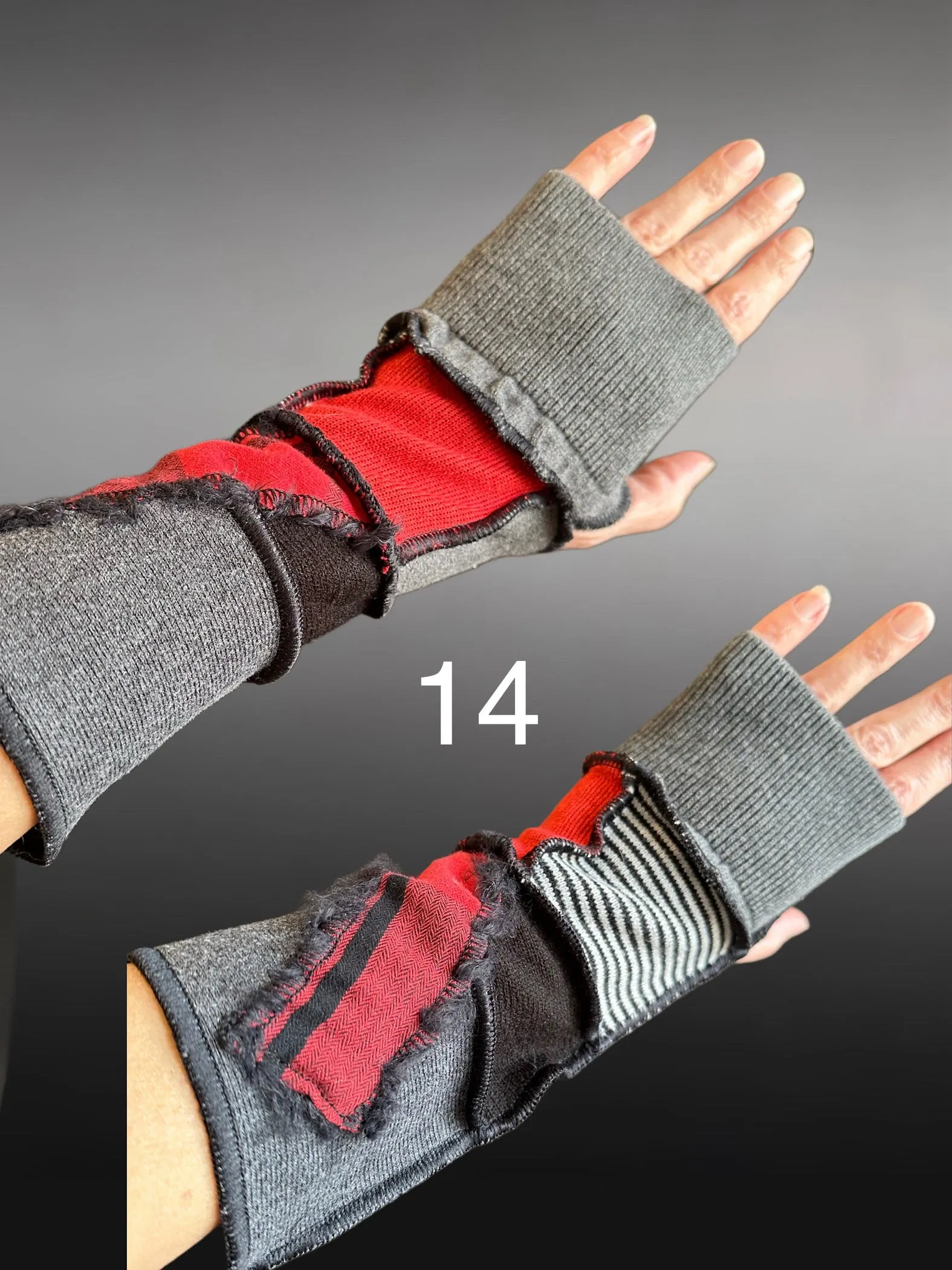 Fabric knit upcycled arm warmers, wrist cuffs, fabric fingerless gloves, upcycled sweater sleeves, Katwise arm warmers, fingerless mittens