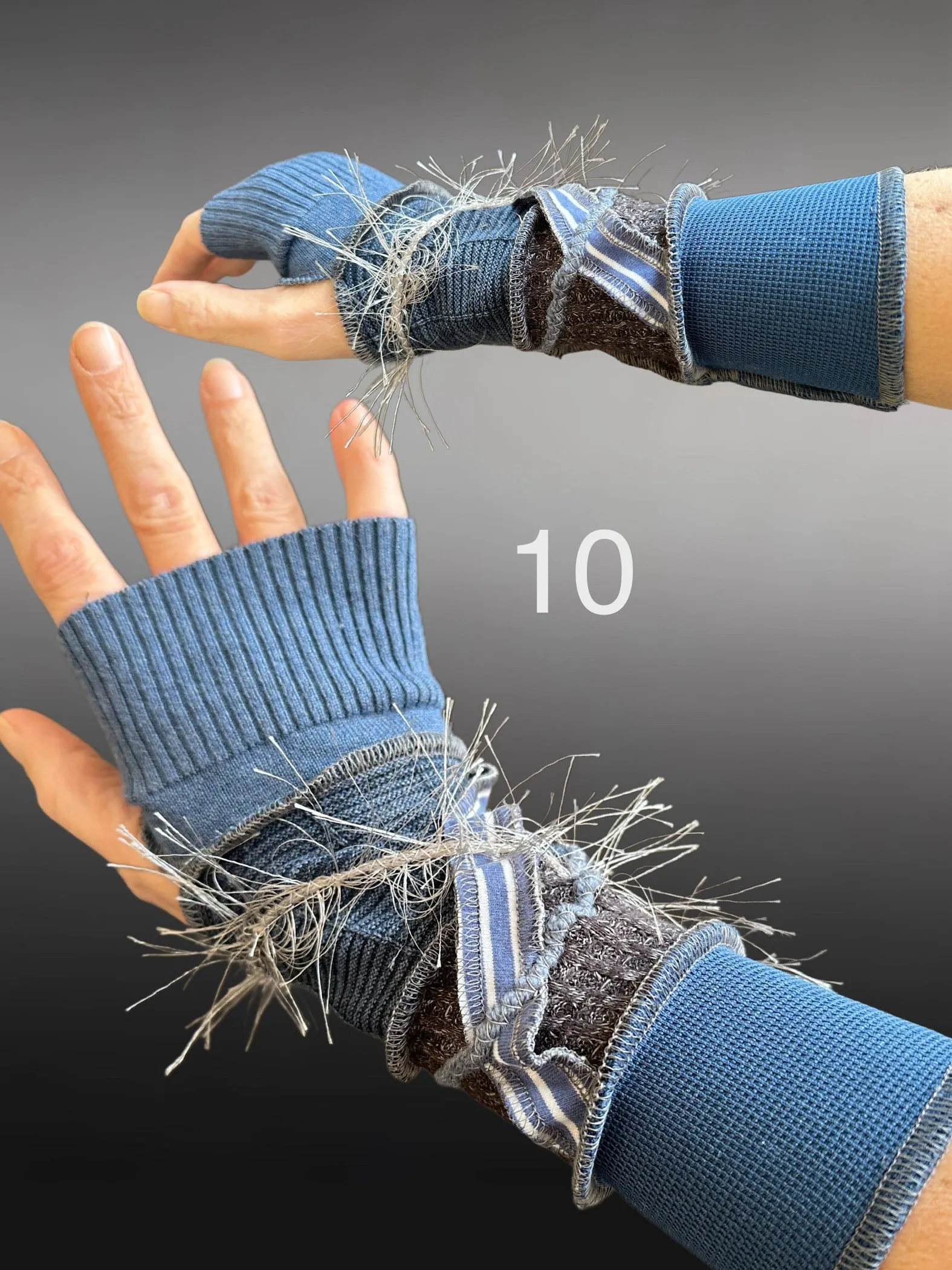 Fabric knit upcycled arm warmers, wrist cuffs, fabric fingerless gloves, upcycled sweater sleeves, Katwise arm warmers, fingerless mittens