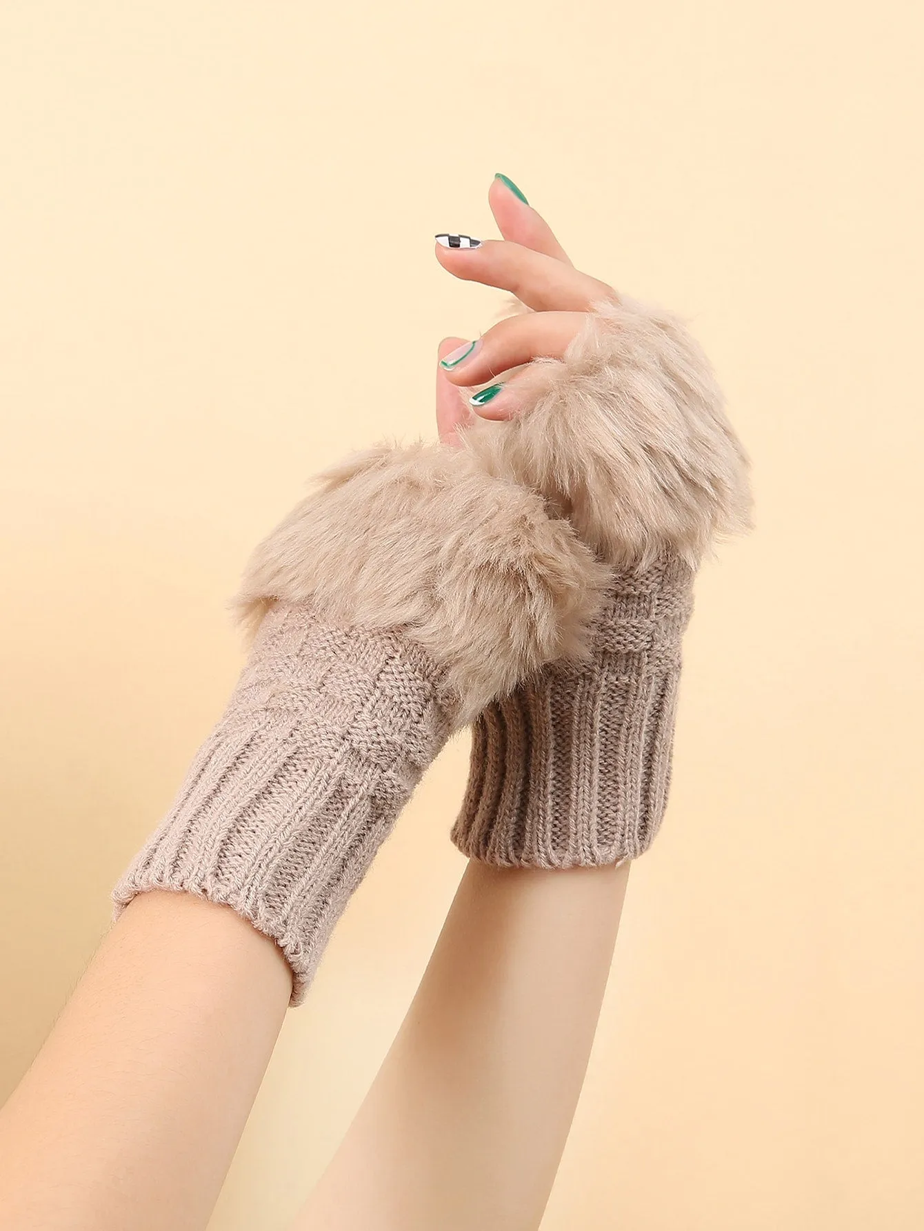 Fingerless Knit Gloves - Khaki