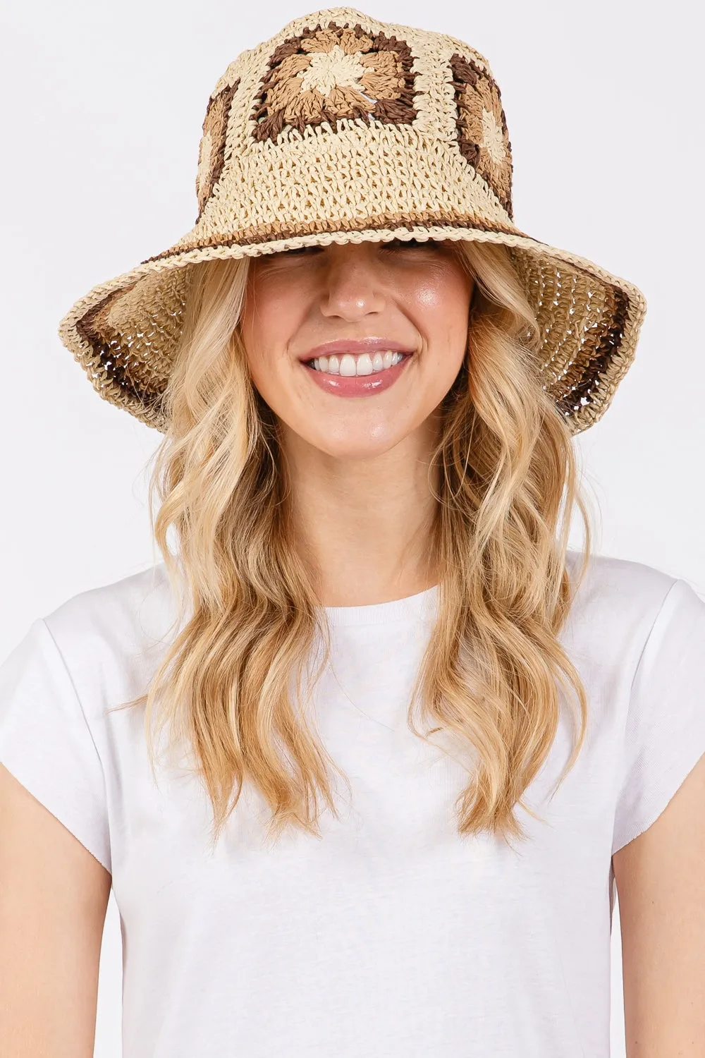 Floral Crochet Straw Bucket Hat Beige - Pack of 6