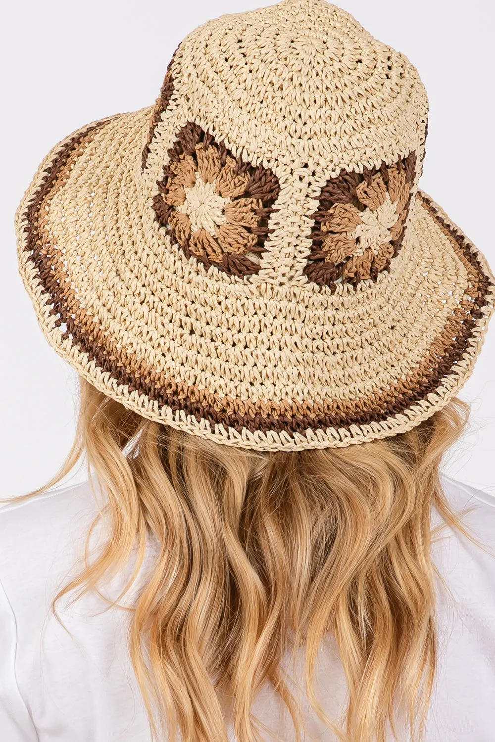 Floral Crochet Straw Bucket Hat Beige - Pack of 6