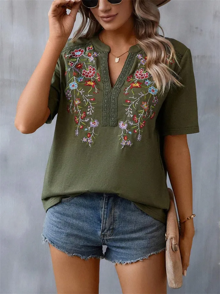 Floral Embroidered Spliced Lace Women's V-Neck T-shirt