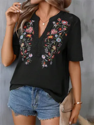 Floral Embroidered Spliced Lace Women's V-Neck T-shirt