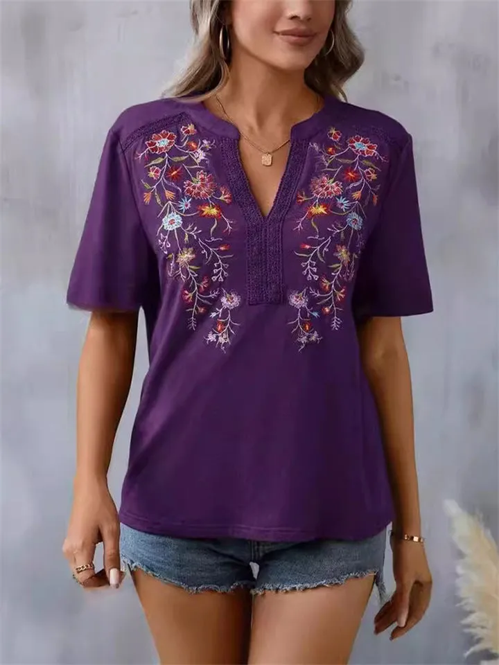 Floral Embroidered Spliced Lace Women's V-Neck T-shirt