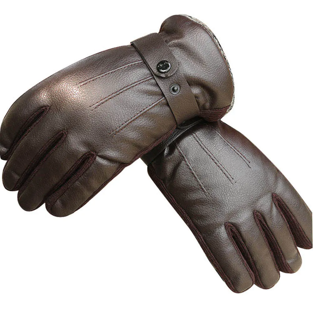 Full Finger Brown Mens Black Leather Gloves for Winters -Touchscreen warm gloves - for Skiing or