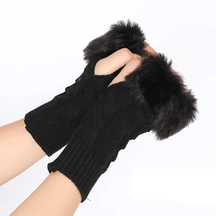 Fur Mid-Length Knit Half Finger Computer Gloves