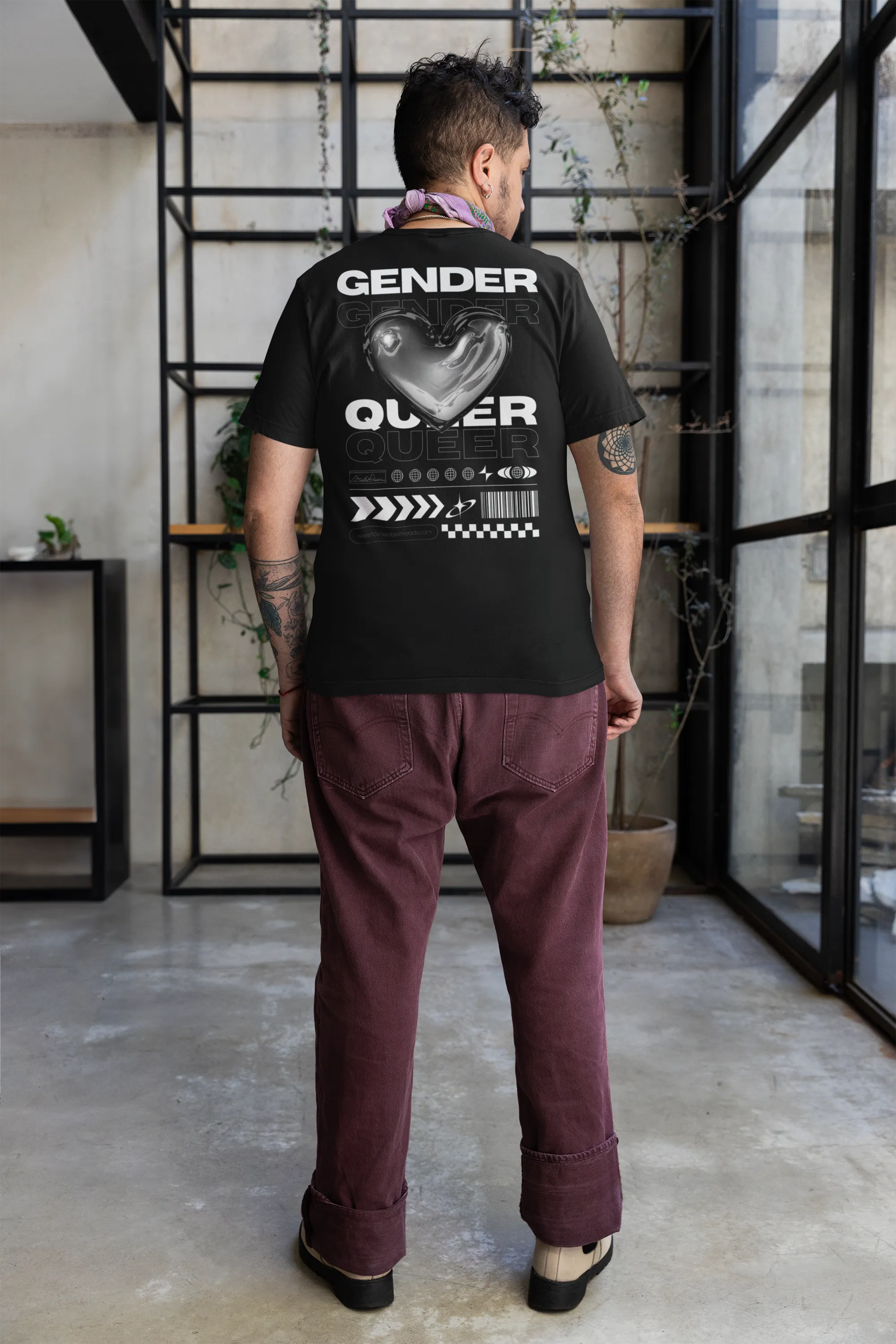 Genderqueer Pride T-Shirt Streetwear Gear Chrome Heart Gender Queer on Black Oversize Deep Drop Shoulder Tee - 190 GSM