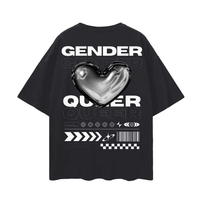 Genderqueer Pride T-Shirt Streetwear Gear Chrome Heart Gender Queer on Black Oversize Deep Drop Shoulder Tee - 190 GSM