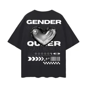 Genderqueer Pride T-Shirt Streetwear Gear Chrome Heart Gender Queer on Black Oversize Deep Drop Shoulder Tee - 190 GSM