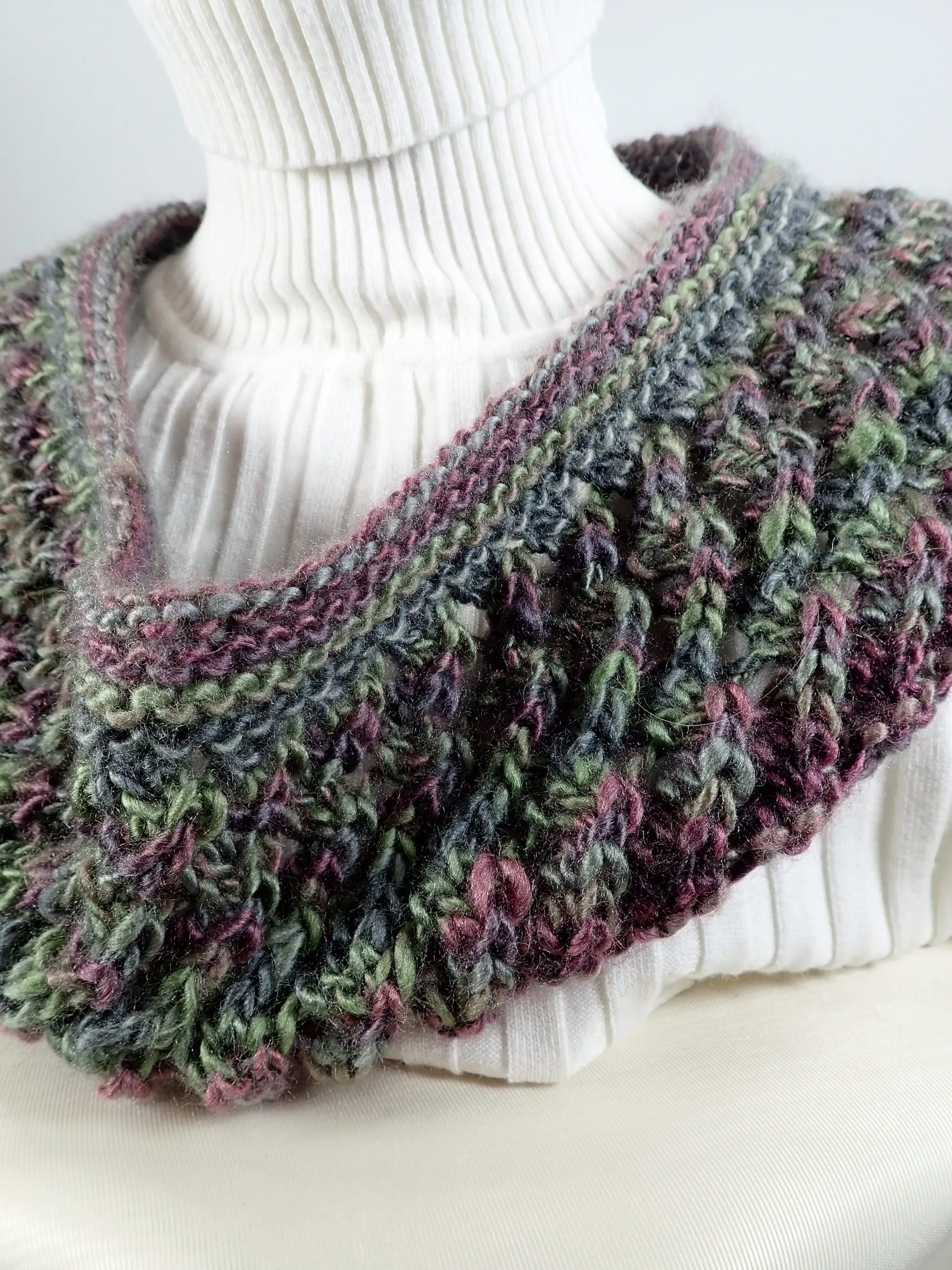 Gifts for her. Hand knitted cowl scarf in Purple and Green. Soft warm acrylic yarn cowl scarf. Womens gift ideas