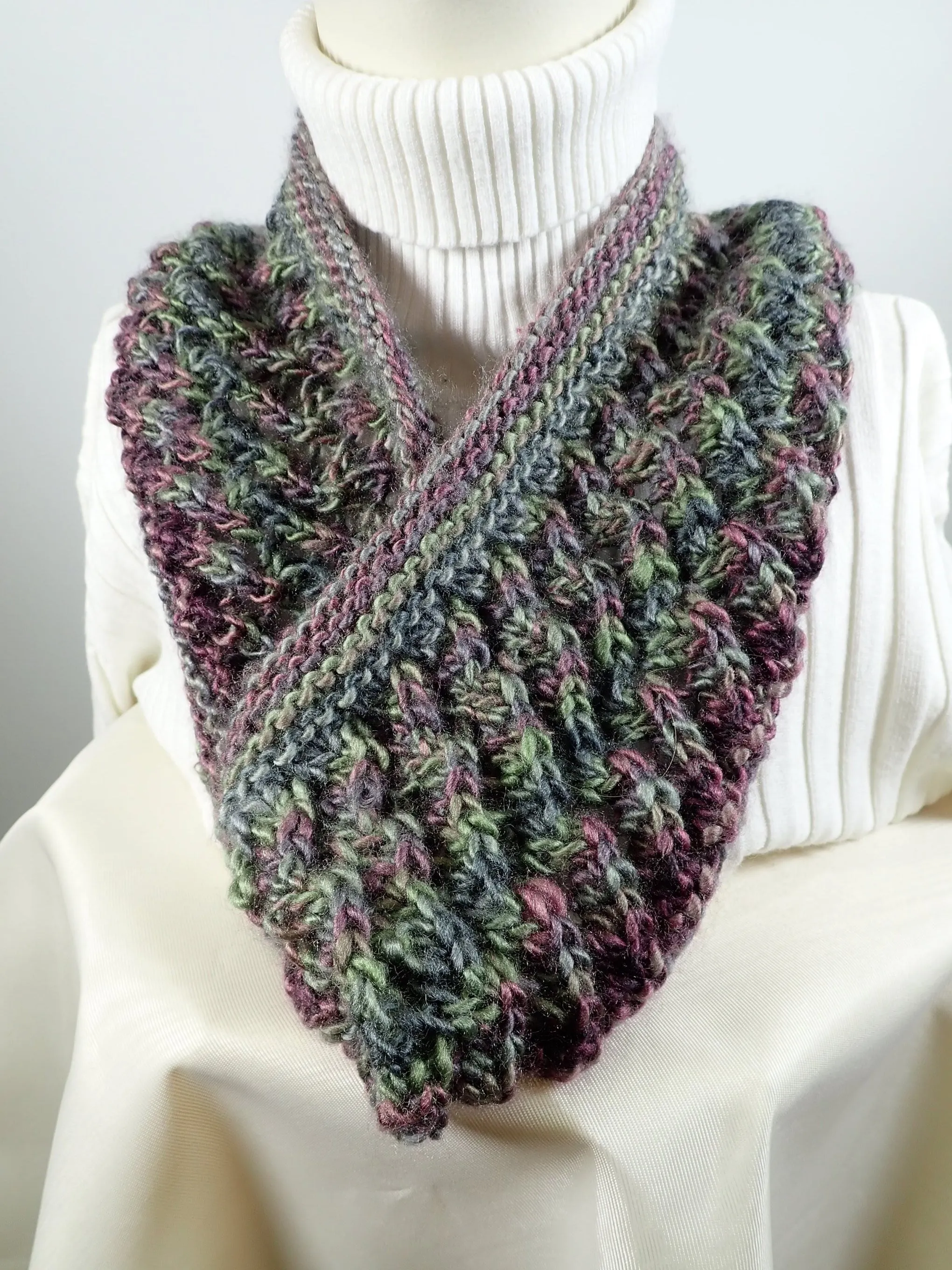Gifts for her. Hand knitted cowl scarf in Purple and Green. Soft warm acrylic yarn cowl scarf. Womens gift ideas